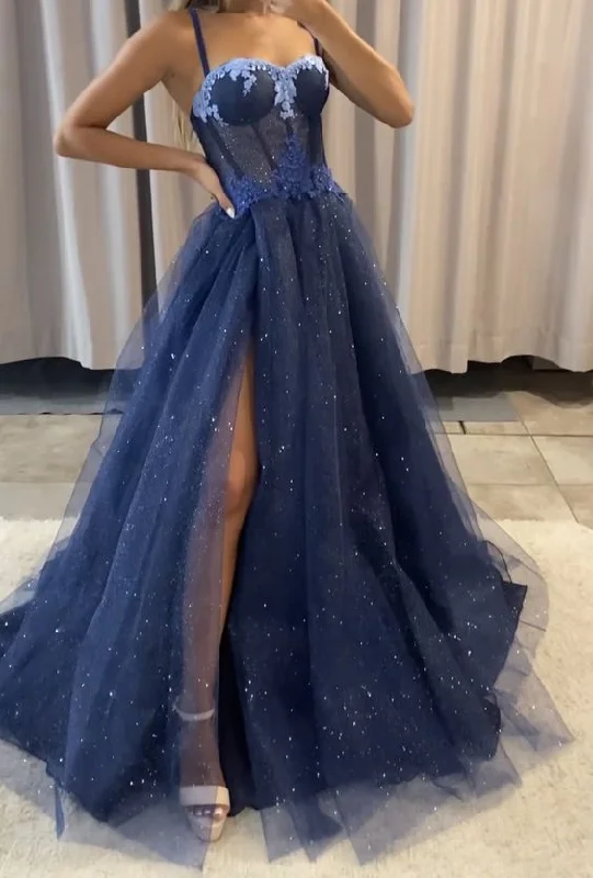 Women's Elegant Formal Outfit A line dark blue prom dress with slit shining evening gown  gh2744