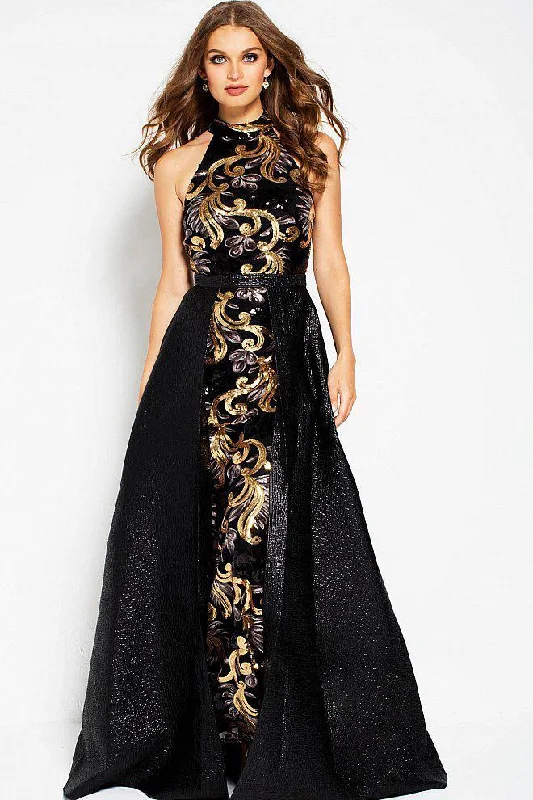 Women's Trendy Casual Clothes Jovani High Halter Sequined Overskirt Evening Gown - 1 pc Black/Multi In Size 6 Available