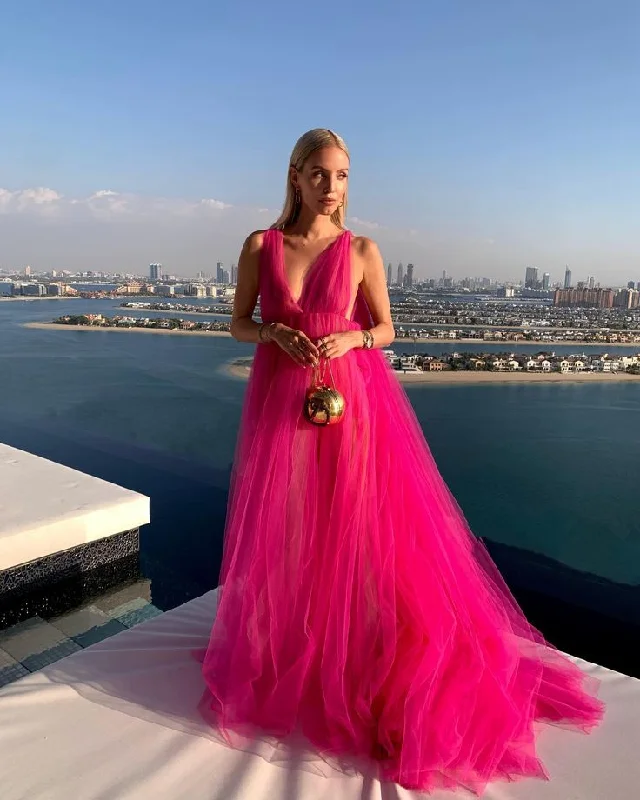 Women's Street Style Casual Wear Pink V-neck contrast color long shoulder strap tulle long ball gown prom dress evening dress gh3067