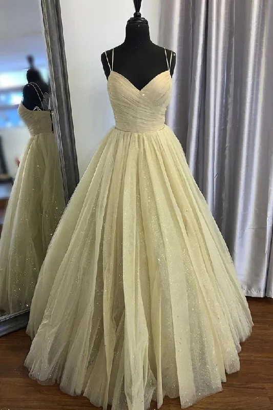 Casual Garments For Women Stylish V Neck Open Back Dark Yellow Prom Dress , Shiny V Neck Dark Yellow Formal Evening Dress, Sparkly Yellow Ball Gown gh2479