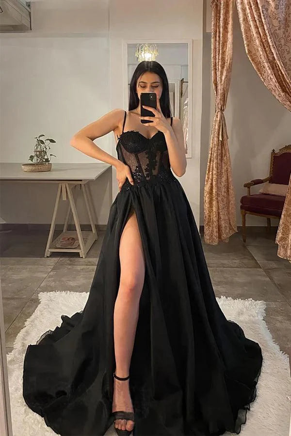 Modern Women's Wardrobe Essentials Black Shiny Sequin Applique Sexy A-Line Long Tulle Prom Gown Evening Dress Birthday Party Dress Costume gh3136