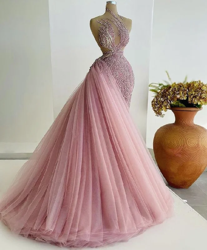 Women's Stylish Outerwear Pink Shiny Gorgeous Fantasy Long Beaded Tulle Ball Gown Evening Dress gh3129