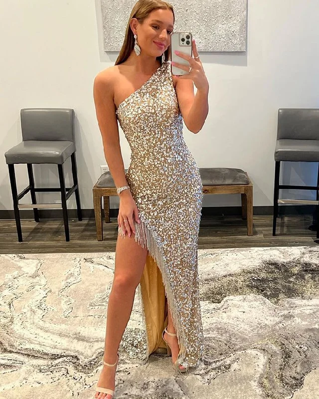 Women's Garments Gold gorgeous shiny fashion sexy one shoulder tassel beaded long prom dress evening gown party dress with side slits gh2482