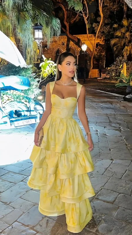 Affordable Women's Fashion Yellow sweet elegant sleeveless ruffle floor length long tiered ball gown evening dress birthday party dress gh3034