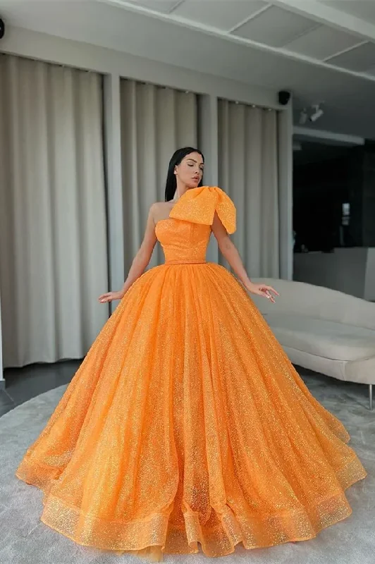 Women's Comfy Attire For Lounging Ball Gown Orange Prom Dress Sequins With Bowknot One Shoulder gh2540