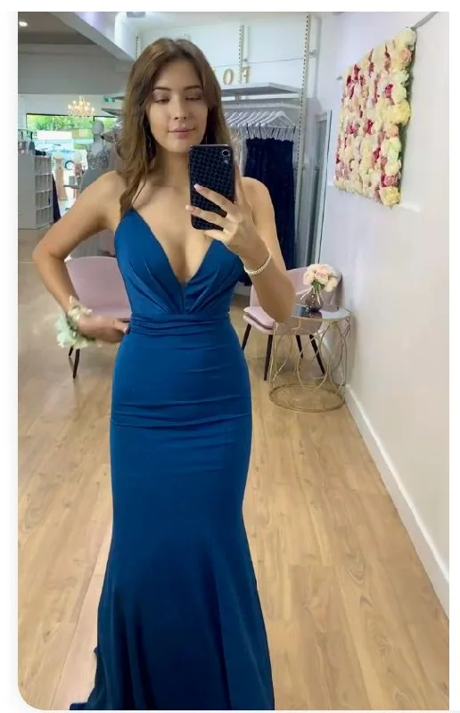 Women's Evening Outfit Blue simple and elegant A-line V-neck mermaid long ball gown evening dress gh2915