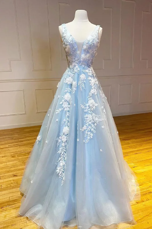 Women's Apparel And Garments Blue V neck applique tulle lace long elegant ball gown evening dress gh2306