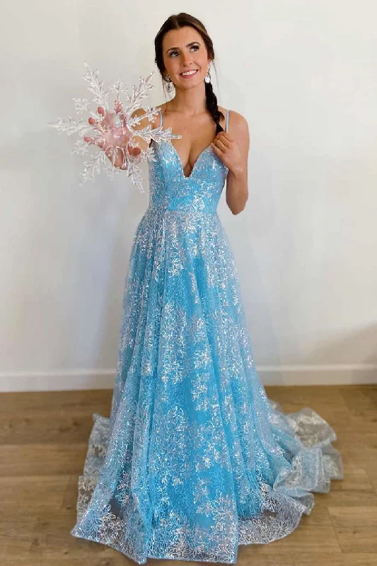 Women's Everyday Clothes Princess Blue Straps A-Line Long Prom Gown gh1136