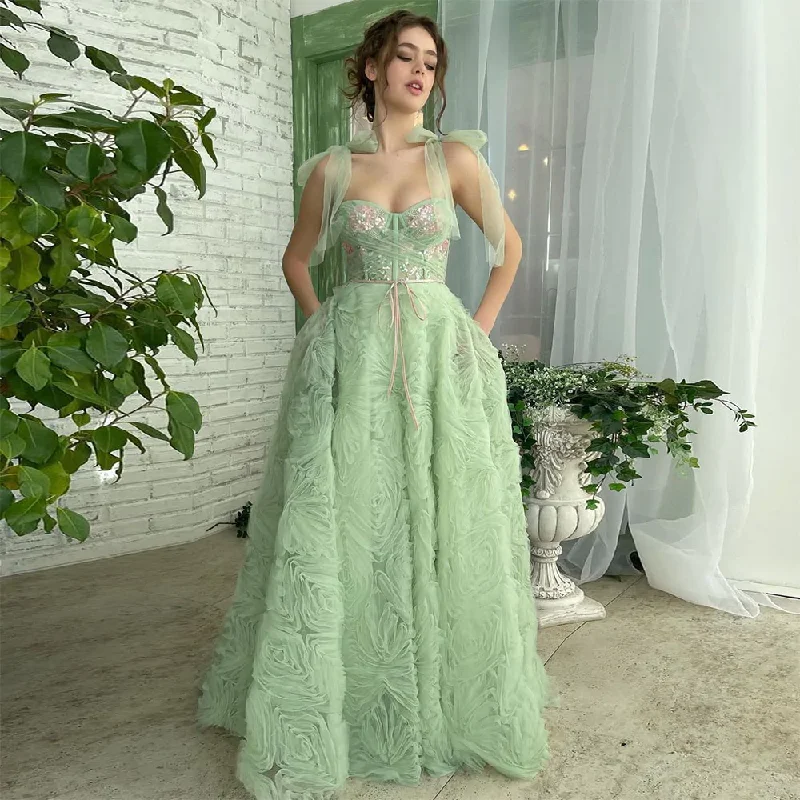 Women's Vacation Clothes Gorgeous green long tiered ruffled ball gown embroidered lace applique beaded bow strappy evening gown with pockets gh1846