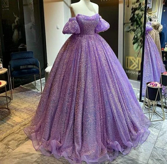 Women's Evening Wear Purple shiny sequins heart-shaped neck long tulle ball gown evening dress adult ceremony dress gh3132