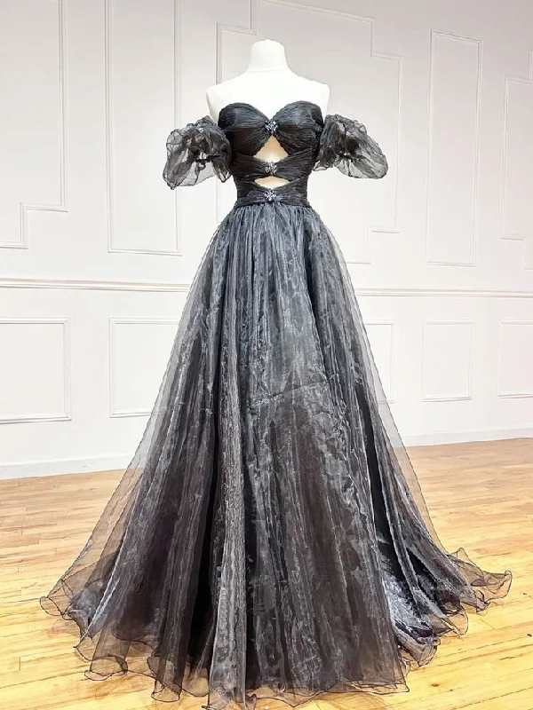 Women's Floral Print Outfit Black A-line off-shoulder long ball gown bow tie formal evening dress gh2757