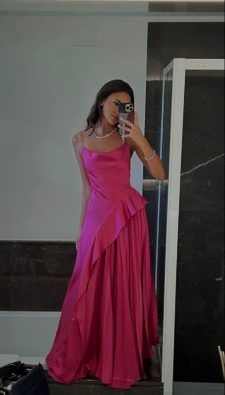 Stylish Dresses for Women Pink spaghetti straps simple elegant long irregular ball gown evening dress gh3047