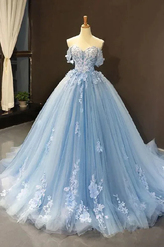 Timeless Women's Garments Light Sky Blue Off The Shoulder Ball Gown Tulle Prom Dress With Applique  gh2282