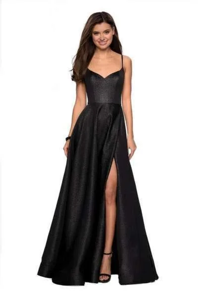 Trendy Athleisure Clothing For Women La Femme - Metallic A-Line High Slit Gown 27619 - 1 pc Black In Size 12 Available