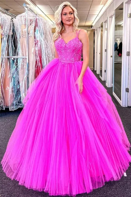 Women's Cozy Winter Attire V Neck Fuchsia Lace Appliques Tulle Long Prom Dresses, Fuchsia Lace Formal Evening Dresses, Fuchsia Ball Gown gh2562