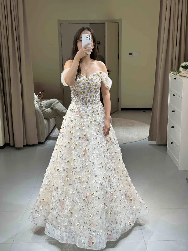 Women's Work Outfit For The Office Off the shoulder 3D flower prom dress a line evening gown gh2782