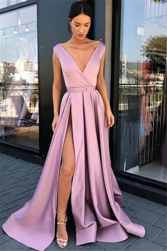 Timeless Women's Apparel Pink Straps Side-Slit A-Line Prom Dresses | Sexy Deep-V-Neck Sleeveless Evening Gown gh2032