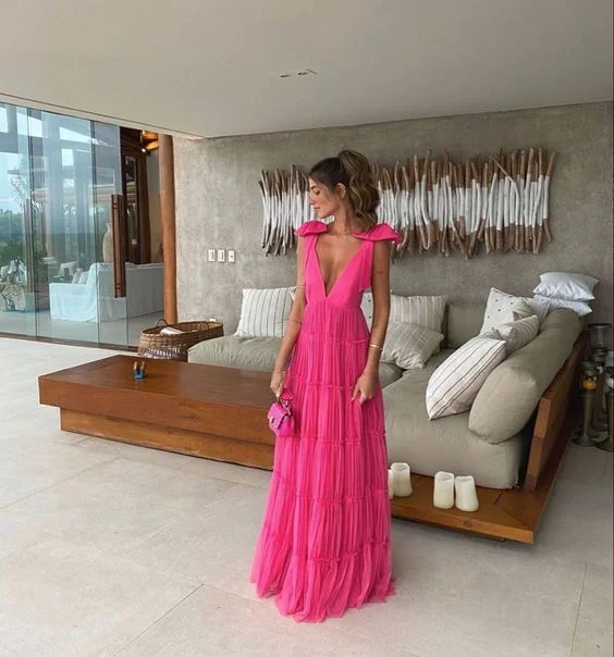 Women's Tailored Outfit Pink backless deep V neck long prom dress A-line evening gown gh2807