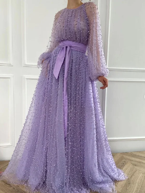 Women's Seasonal Apparel Purple round neck tulle beaded long ball gown, purple evening dress gh2150