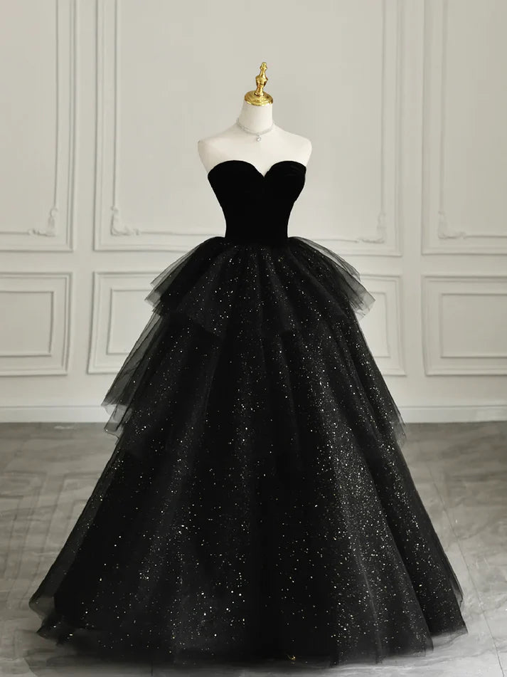 Casual Dresses for Women Black elegant off-shoulder tulle dress velvet sweetheart neckline tube top long evening dress ball gown gh3035