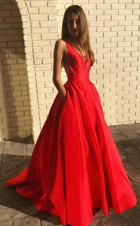 Women's Formal Event Clothing Red Prom Dress with Pockets, Evening Dress, Formal Dress, Graduation School Party Gown  gh1014