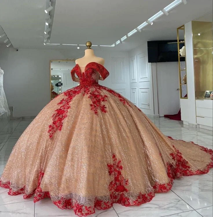 Chic Women's Outfit Ideas Red champagne gorgeous shiny applique long ball gown evening dress gh3113