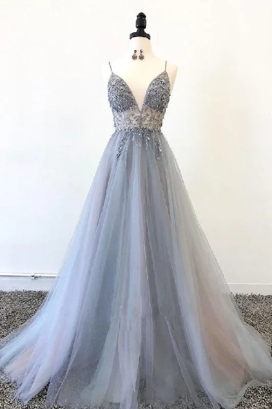 Women's Seasonal Clothing Grey spaghetti strap beaded tulle A-line long ball gown evening dress gh1037