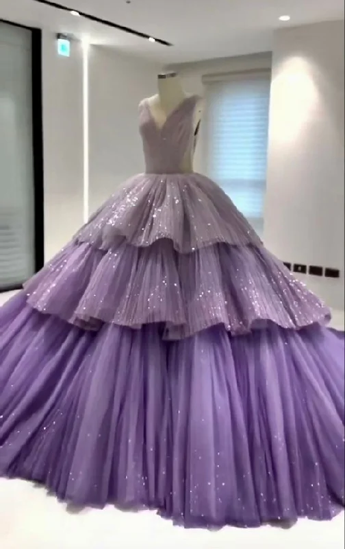 Affordable Fashion for Women Purple Gorgeous Shiny Elegant A-line Long Tiered Ruffled Tulle Ball Gown Formal Dress Evening Dress Celebrity Dress gh3145