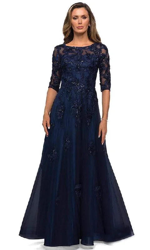 Charming Women's Clothes For Special Events La Femme - Quarter Sleeve Beaded Lace A-line Gown 27922SC