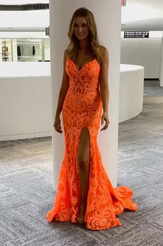 Women's Seasonal Clothes Sparkly Orange Mermaid V Neck Sequin Prom Dresses Long Straps Formal Gown gh1792