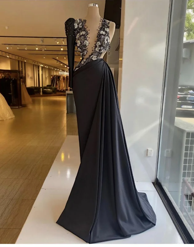 Women's Formal Apparel black prom dresses, long sleeve prom dresses, hand made flowers prom dresses, black evening dresses, long sleeve evening gowns  gh2188