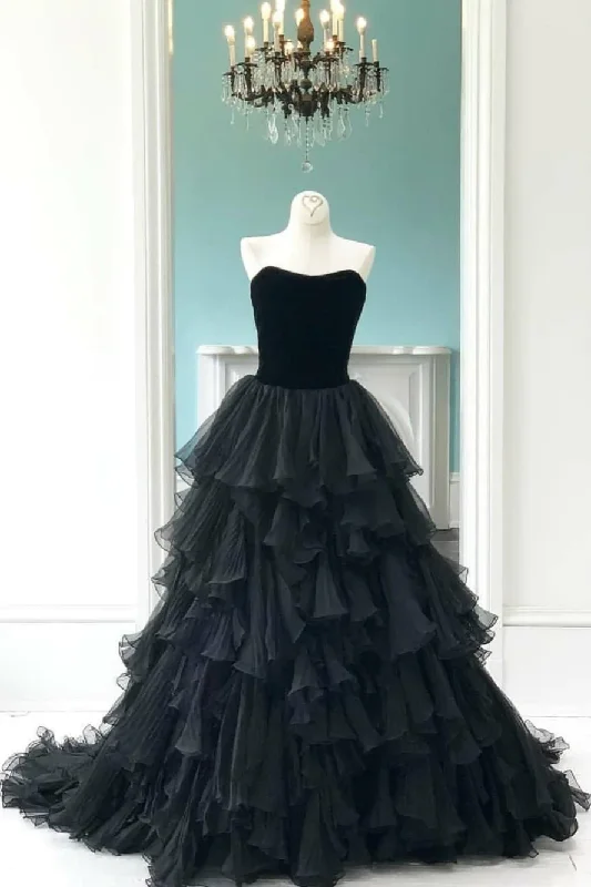 Chic Women's Garments Velvet Strapless Black Prom Gowns With Pleated Tiered Skirt,Prom Dress gh2342