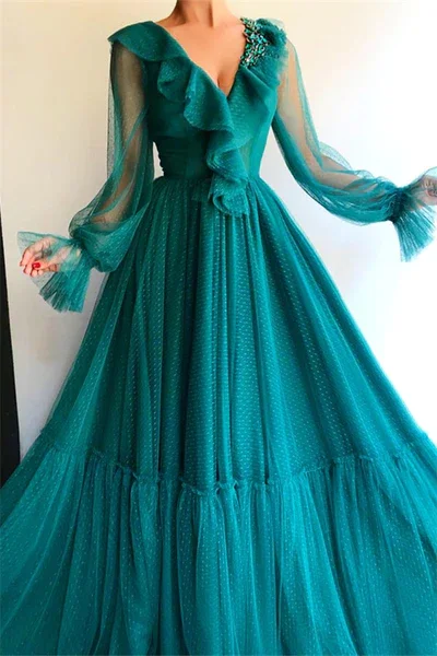 Women's Holiday Clothes CHIC LONG SLEEVESS V-NECK PROM PARTY GOWNS| AFFORDABLE BEADING GREEN LONG PROM PARTY GOWNS  gh1832