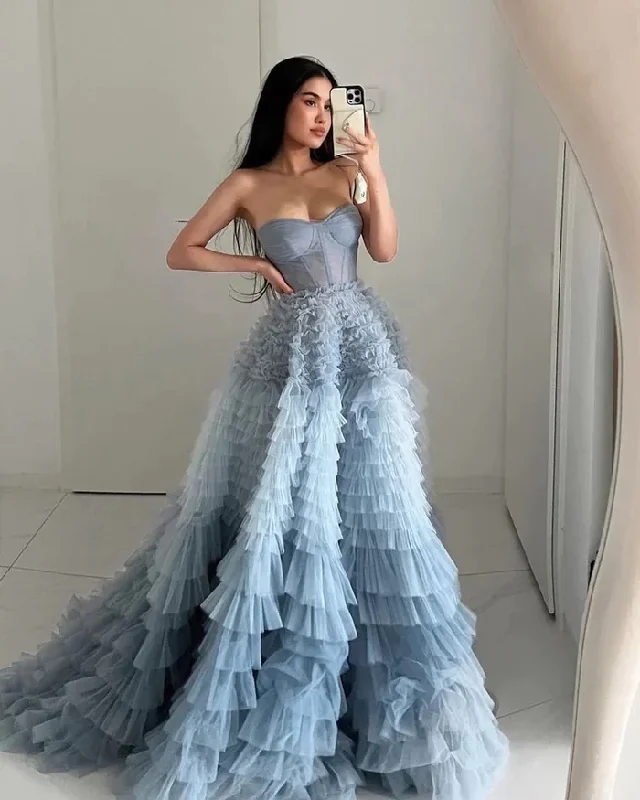 Women's Vintage-Inspired Outfit Light blue gorgeous A-line sweetheart layered ruffle tulle long ball gown evening dress gh2685