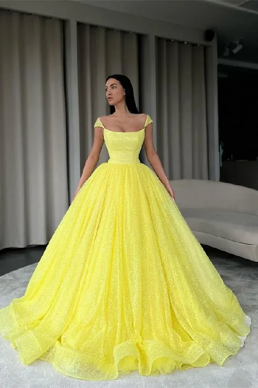 Women's High-Fashion Attire Ball Gown Daffodil Prom Dress Long Off-the-Shoulder Sequins gh2542