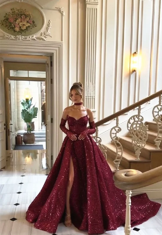 Seasonal Women's Fashion Trends Burgundy shiny sexy Sequins elegant sweetheart neckline Long slit ball gown evening dress with gloves gh3134