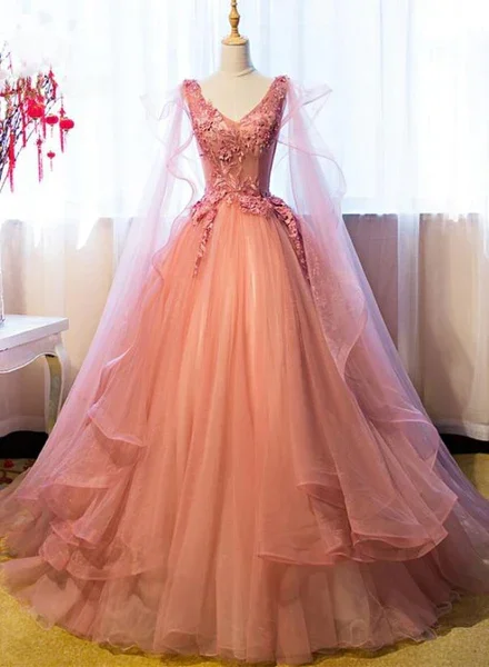 Women's Casual Clothing For Lounging Pink Tulle Sweet 16 Party Dress With Lace Applique, Long Formal Gown gh973