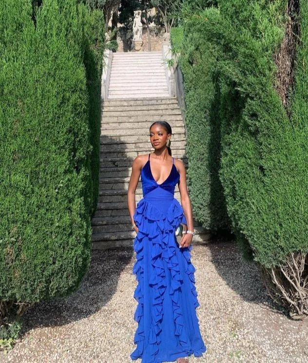 Chic Women's Clothing Online Blue v-neck low-cut hem ruffled slim long chiffon ball gown evening dress party dress gh3037