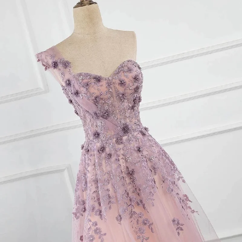 Women's Vintage Garments One Shoulder Tulle Sleeveless Long Prom Dresses Lace Appliques Beaded Formal Girl Party Gown  gh2277