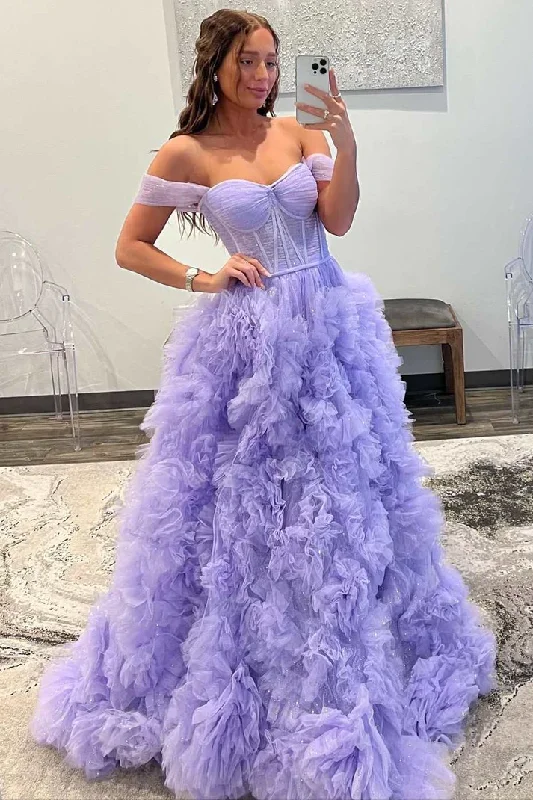 Women's Holiday Attire A-line Off-the-Shoulder Ruffle Layers Boning Long Prom Gown gh2621