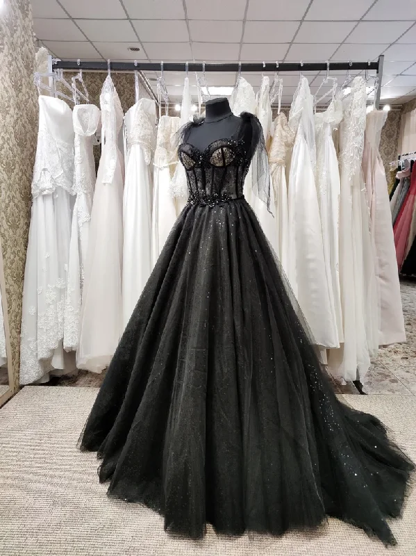 Women's Chic Apparel Tulle black applique beaded A-line maxi corset dress party dress off-the-shoulder gown ball gown elegant evening dress gh2106