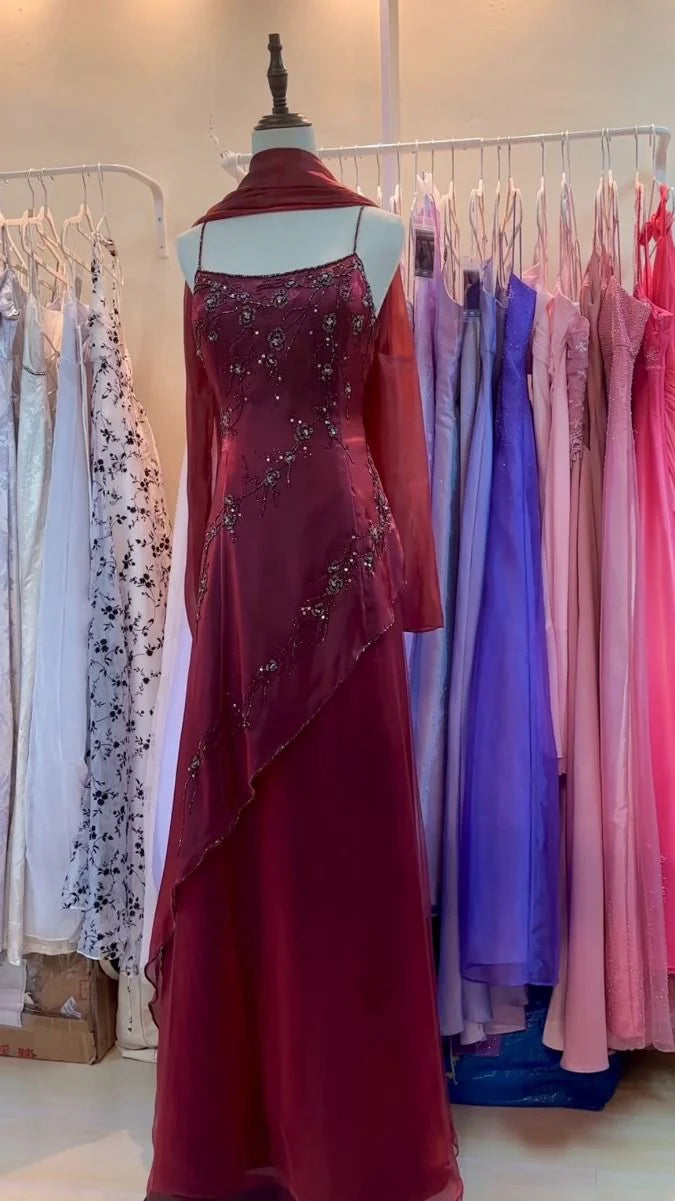 Casual Style for Busy Women Burgundy Vintage Beaded Long Ball Gown Evening Dress Floor Length Party Dress with Scarf gh3059