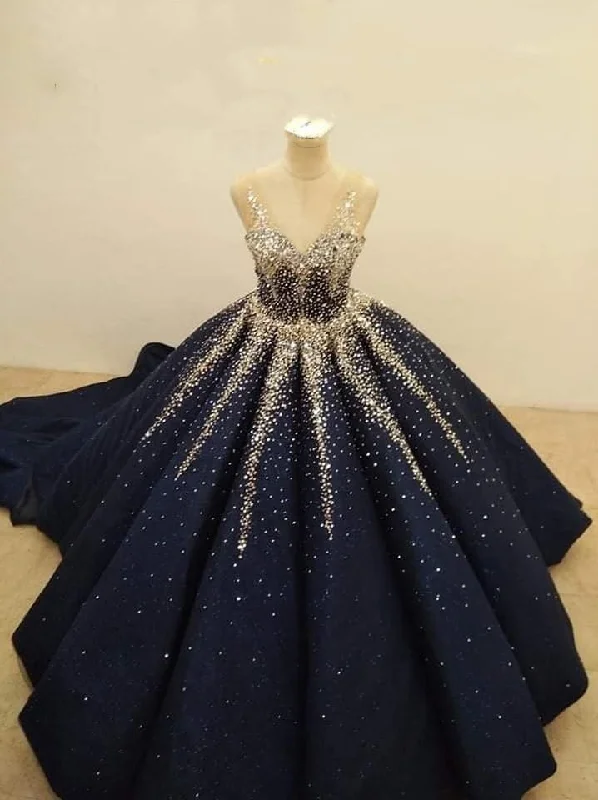 Women's Casual Dresses Navy blue gorgeous shiny sequins stylish unique long prom dress evening gown gh3092