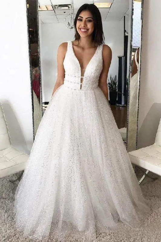 Women's Casual Apparel A Line Deep V Neck Ball Gown Prom Dresses Open Back White Evening Dresses gh2139