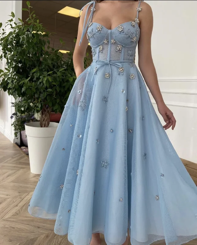 Women's Party Clothes Light Blue A-Line Prom Dresses Spaghetti Straps Long Evening Formal Gown  gh1829