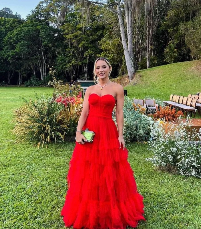 Casual Fashion Trends for Women Red sweetheart neck tube top stylish elegant layered tulle long ball gown evening dress gh3081