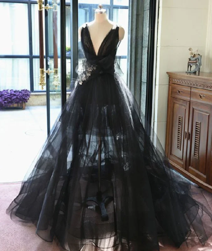 Women's Stylish Casual Garments Charming Prom Dress,Black Deep V Neck Tulle Evening Dress,Ball Gown Evening Dresses,Backless Formal Evening Gowns gh2303