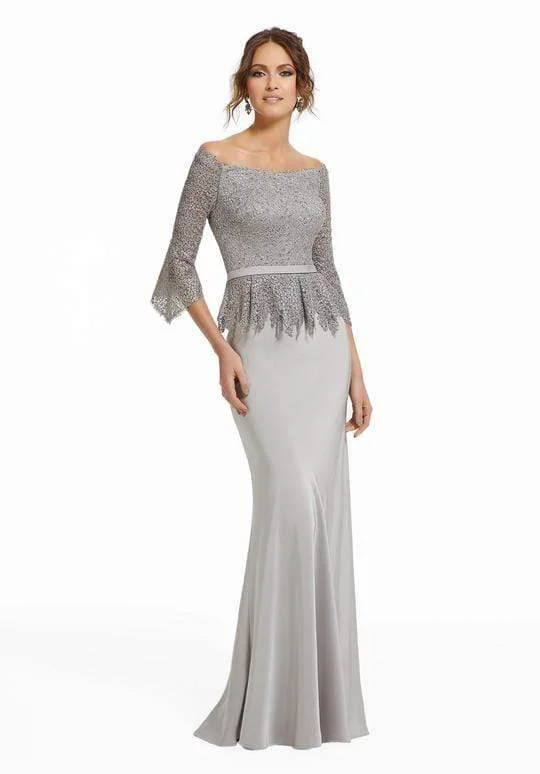 Women's Transitional Apparel MGNY By Mori Lee - Beaded Off-Shoulder Evening Gown with Peplum 72005SC - 1 pc Taupe In Size 12 Available