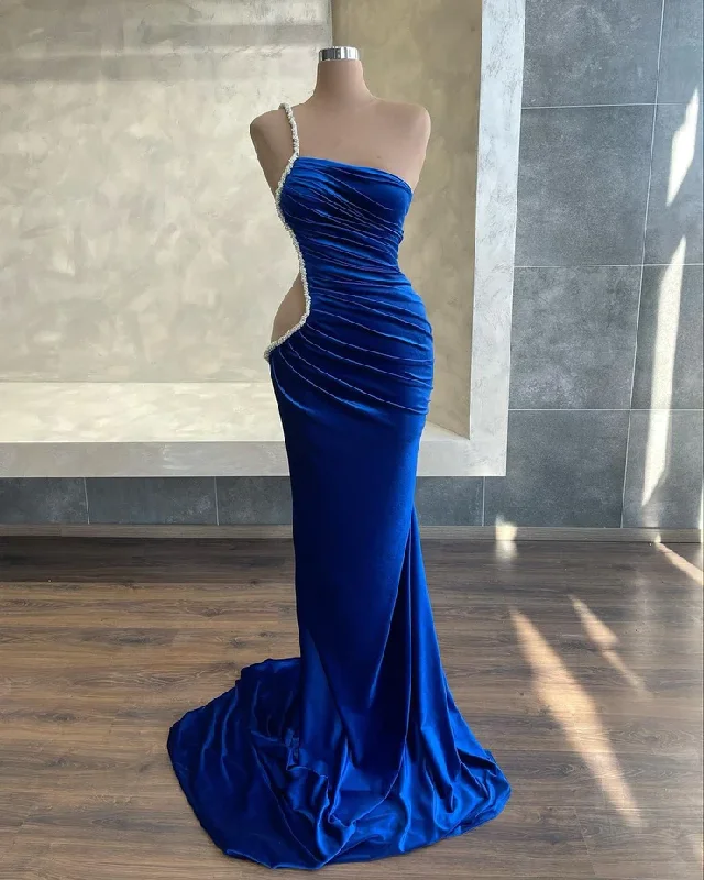 Women's Travel Outfit Set Charming mermaid halter royal blue velvet elegant sexy long slit ball gown evening dress gh2657