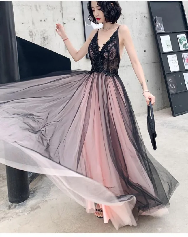 Women's Office Attire Fashionable Pink And Black Tulle V Neckline Party Prom Dress, Pink Lace Applique Evening Gown gh2623